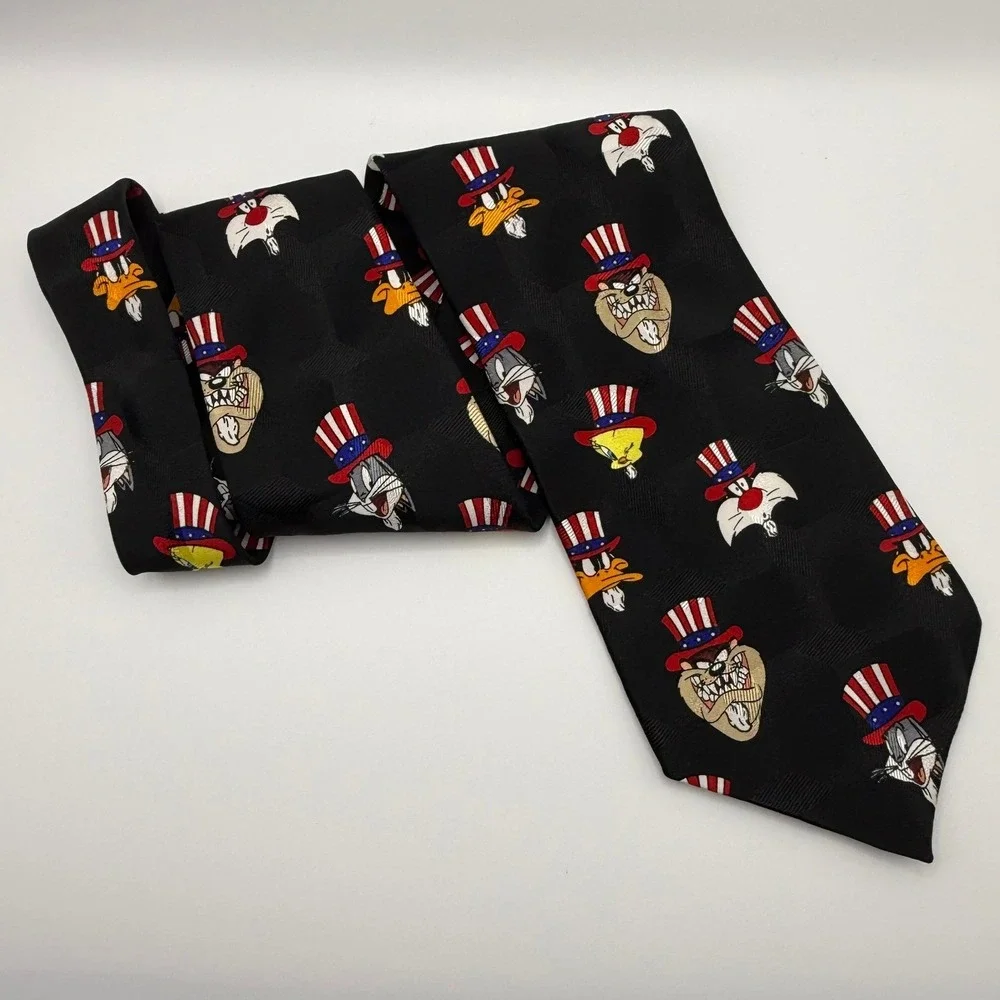 Looney Tunes Necktie OS 1995 Silk Patriotic Uncle Sam Bugs Bunny 90s Vintage